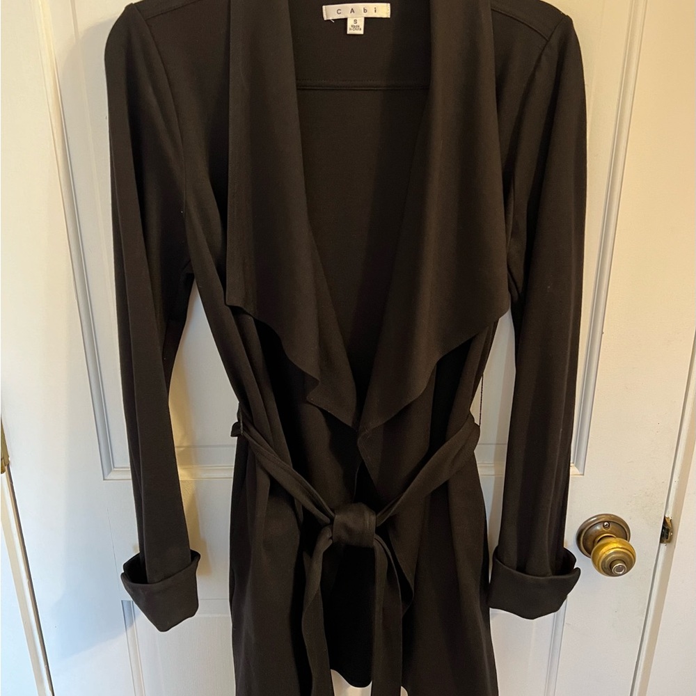 CAbi size small black lightweight coat with pockets and belt